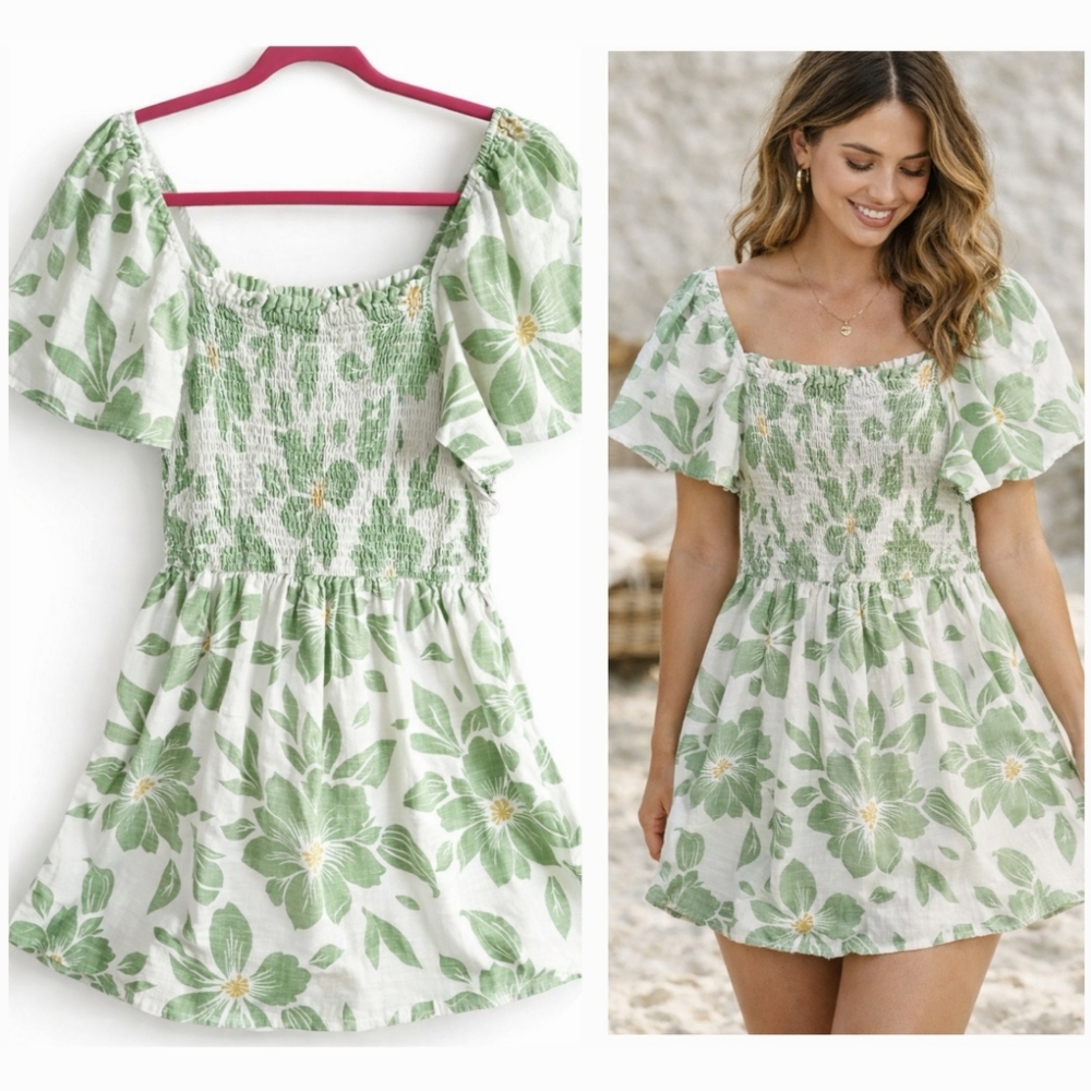 Cute RIP CURL womens FLORAL smocking BABYDOLL Mini DRESS Azalea Size Large